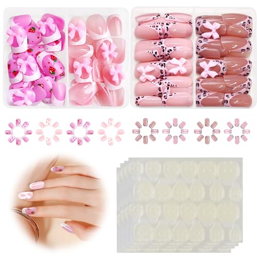 96PCS Stick on Nails Short Fake Nails for Girls Women with 4 Sheets Jelly Glue Cute Short French Tip False Nails for Girls Nails Art Decoration