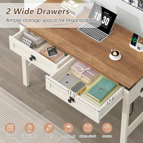 Farmhouse Computer Desk with 2 Drawers, 39 Inch Small Office Computer Desk with Power Outlets, Compact Writing Study Desk for Small Spaces, Antique White - Image 5