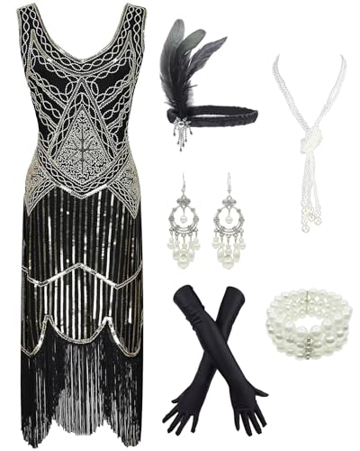 1920s Gatsby Sequin Fringed Paisley Flapper Dress with 20s Accessories Set (S, Gold)