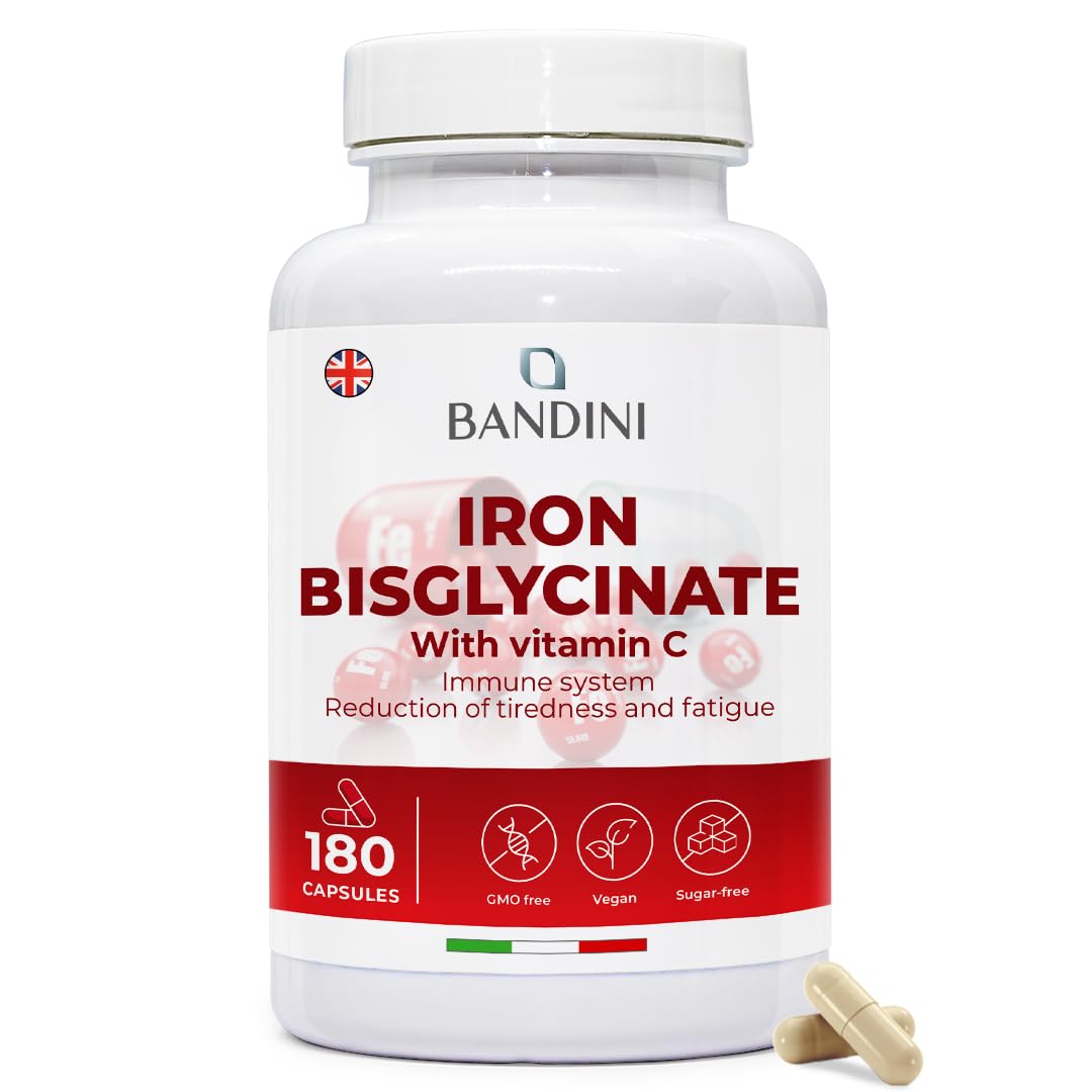 Bandini® Iron Capsules High Strength | 80mg Vegan Iron Bisglycinate with Natural Vitamin C | 6+ Month Supply, 180 Capsules | Tiredness, Fatigue, Blood, Immunity | High Absorption Supplement