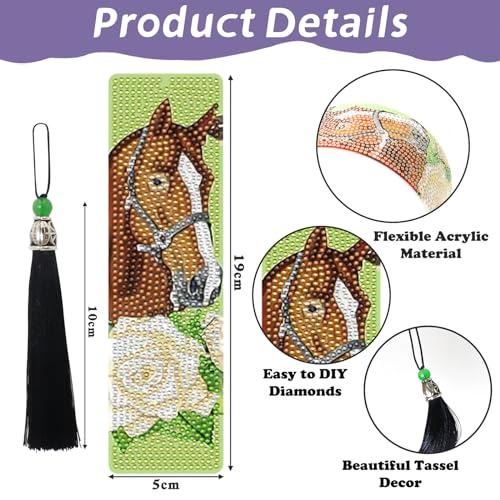 Lymshine Diamond Art Bookmarks Kits, 6 Pcs Diamond Painting Horse Bookmarks with Crystal Pendant - Image 3