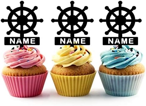 TA0270 Helm Ship Wheel Silhouette Party Wedding Birthday Acrylic Cupcake Toppers Decor 10 pcs with Personalized Your Name