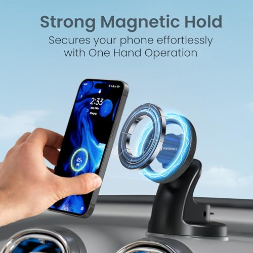 Image of Portronics Clamp M4 Prime Magnetic Car Phone Mount with Strong Suction Cup, 360 Rotation, 90 Tilt, Windshield & Dashboard Mount, Metal Ring Included, Fits 5.4-6.7 Inch Smartphones, Black