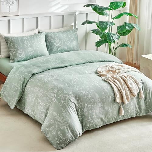 Image of Lekesky Duvet Cover Queen Size with Fitted Sheet - 4 Pieces Printed Soft Bedding Set, Includes 1 Duvet Cover 90x90 Inches with Zipper Closure & 8 Ties, 2 Pillow Cases, 1 Fitted Sheet, Sage Green