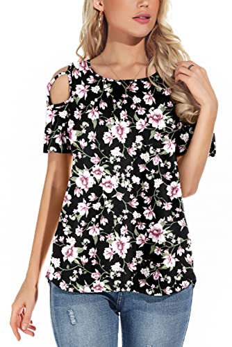 NILOUFO Womens Summer T Shirts Short Sleeve Tunic Strappy Cold Shoulder Tops - Image 3