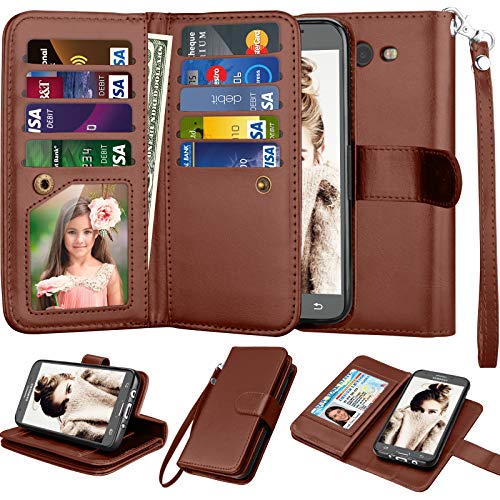 Njjex Galaxy J7 Sky Pro Wallet Case, for Galaxy J7 V /J7 Prime/J7 Perx Case, PU Leather [9 Card Slots] ID Credit Flip Cover [Detachable] [Kickstand] Cover & Wrist Strap for Samsung J7 2017 [Brown]