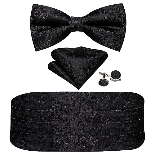 Image of Barry.Wang Men Silk Paisley Cummerbund and Pre-tied Bowtie Handkerchief Cufflink Set for Tuxedo