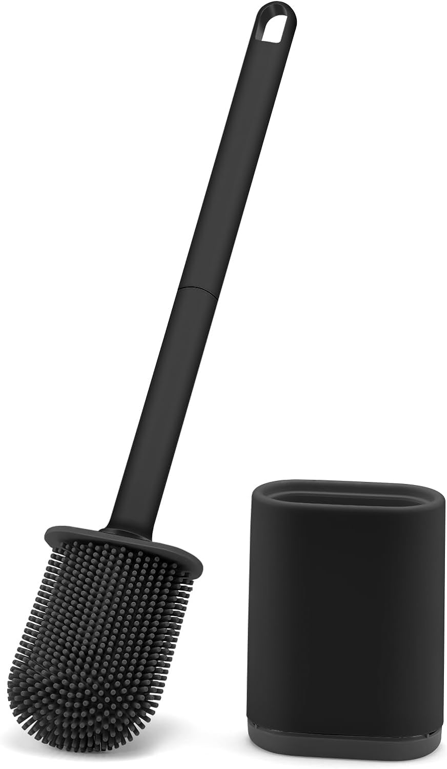 Feelhap Escobilla de Baño Silicona,Escobilla WC con Secado Rápido Soporte Ventilado,Escobilla Baño Silicona Escobilla y Portaescobillas de Inodoro de Montaje en Suelo o Montaje en Pared, Negro (Negro)