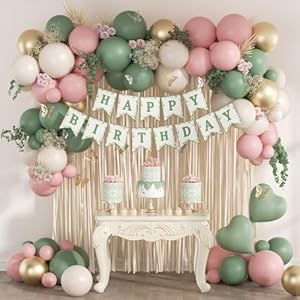Pink and Sage Green Birthday Decorations with Light Pink Sage Green Sand White Metallic Gold Foil Balloons Fringe Curtain Banner for Happy Birthday Decorations for Women