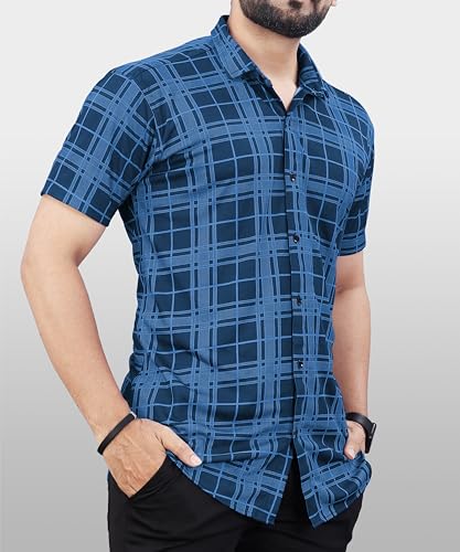 Image of LookMark Men's Stylish Lycra Blend Half Sleeve Shirt with Spread Collar - Featuring Trendy Prints for Casual Wear