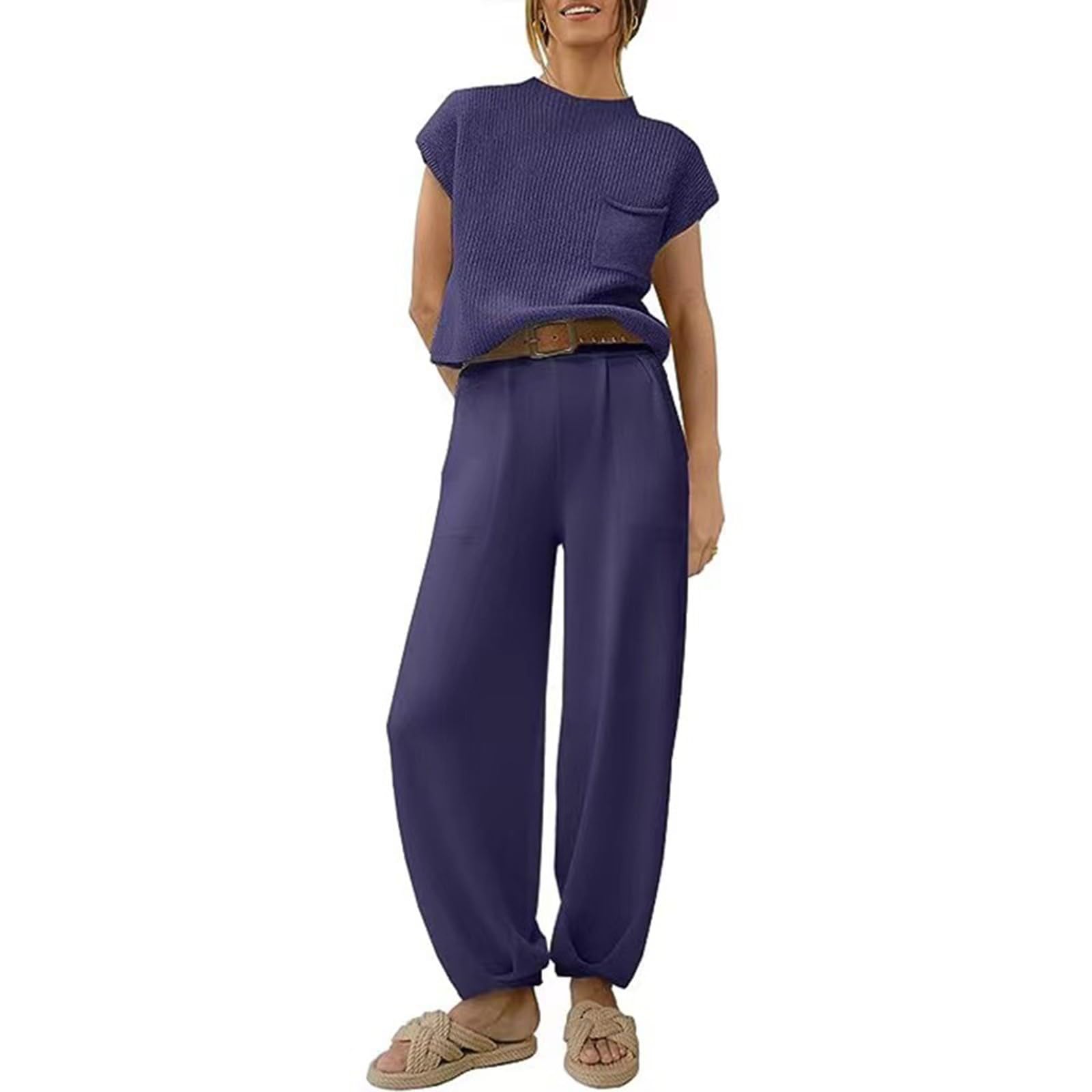 Generic Conjunto de suéter de verano de dos piezas para mujer, conjuntos de salón de moda, jersey de ganchillo, parte superior, pantalones de cintura alta, trajes de crochet top traje casual con bolsillos,
