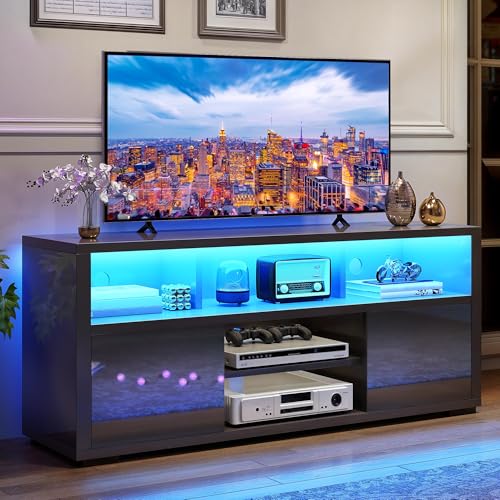 DWVO LED TV Stand for 55 Inch TV, Entertainment Center with 2 Storage Cabinet, 5 Open Shelves, Modern High Glossy Wood TV Console Table for Home, Living Room, Gaming Media Stand, Black