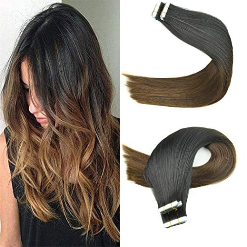 KOCONI Tape In Hair Extensions Remy Human Hair Extensions Balayage Ombre Brown to Blonde Highlights Hair Extension Tape (20", T1B-4)