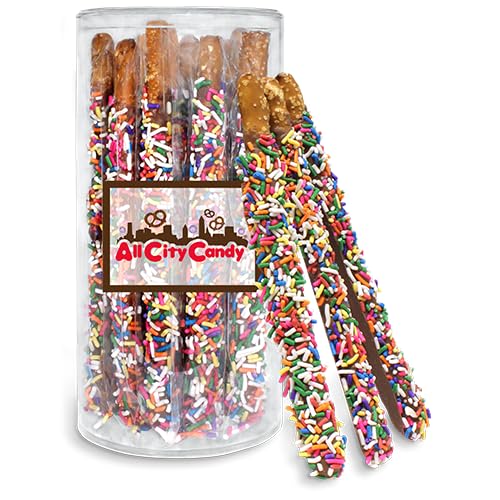 All City Candy Hand-Dipped Milk Chocolate Sprinkled Hand dipped Pretzel Rods – Holiday ready Sweet & Salty Treats, Individually Wrapped,12-Piece Gift Tube, Perfect for Seasonal Celebrations, Birthdays or Gift giving occasions