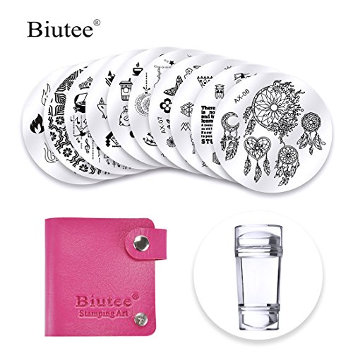 Biutee 10pcs Plaque Stamping avec 1 Tampon 1 Grattoir 1 Sac de Rangement Nail Art Stamping Vernis Outil Fleur/Attrape-rêves/Papillon/Ballerine