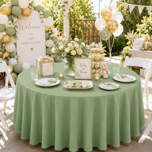 Image of WNINK 2 Pack Sage Green Round Tablecloth, 84 Inch Disposable Plastic Table Covers, Sage Green Round Table Cover for Wedding, Baby Shower, Bridal Shower, Birthday and Garden Party Supplies