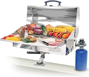 Magma Cabo Grill - Marine-Grade Stainless Steel Barbecue Grill for Boats - Portable Propane Gas with 9”x18” Grilling Surface - Heat-Resistant Handle, Fold-Away Legs - Ideal Boat Accessory