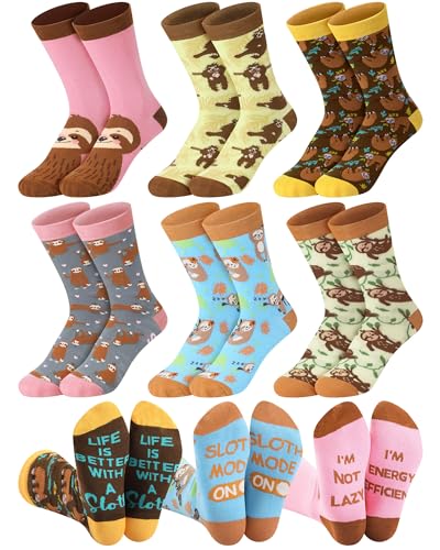 Jamntower 6 Pairs Funny Sloth Socks for Women Girls Novelty Animal Themed Cotton Crew Socks International Women's Day Gifts for Sloth Lover