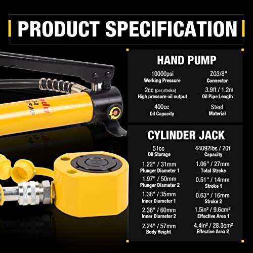 Image of 20T Multi-Section Stoke Hydraulic Cylinder Jack Kit RMC-201L 1.06 inch Stroke + CP-180 400cc Manual Hydraulic Hand Pump Hydraulic Porta Power Kit
