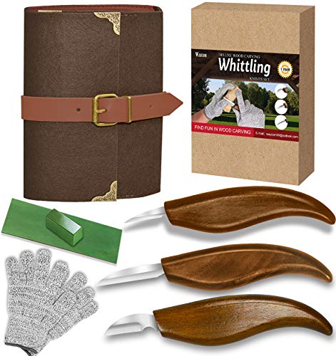 WAYCOM Wood Carving Whittling Knives Set with Deluxe Felt Leather Case, Premium Chip Carving Knives Set,Detail Wood Knife Whittling Kit Cut Resistant Gloves Gift Box(Brown- chip Carving Knives)