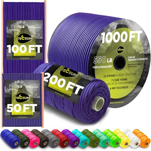 Image of TECEUM Paracord Type III 550 Royal Blue - 100 ft - 4mm - Tactical Rope MIL-SPEC - Outdoor para Cord -Camping Hiking Fishing Gear and Equipment - EDC Parachute Cord - Strong Survival Rope 376