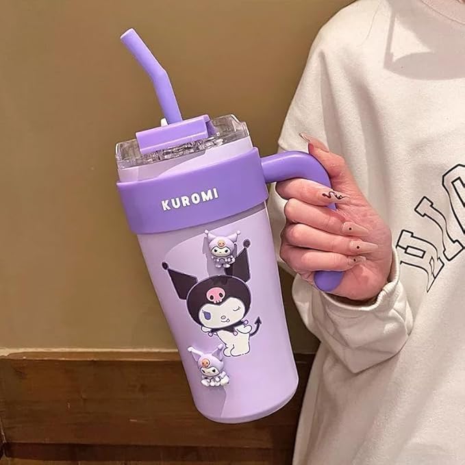 Image of Cute Cartoon Straw Tumbler 860ml with Handle | Doublewall-Reusable Sipper Cup with Lid for Kids & Teens | Lightweight Drinking Mug for Water, Juice & Milk (Purple)