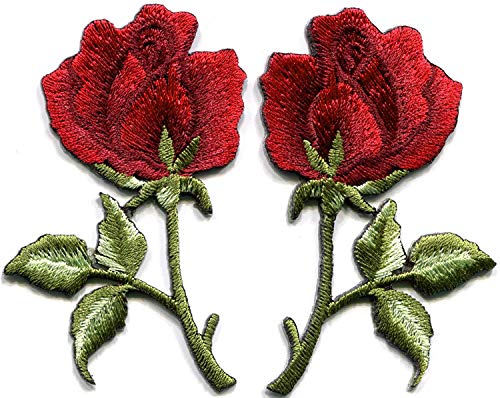 Deep red roses pair flowers floral retro boho love hippie applique iron-on patch