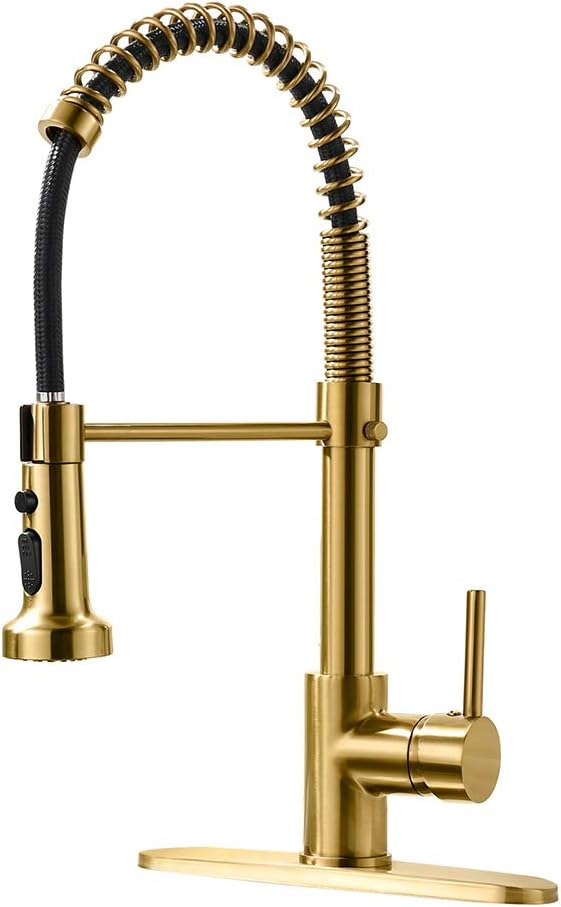 AIMADI Gold Kitchen Faucet with Pull Down Sprayer,Commercial Single Handle Brushed Gold Kitchen Sink Faucet with Deck Plate