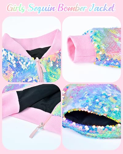 OlyPegic Girls Sequin Jacket Sparkly Glitter Bomber Kids Outwear with Pockets Zipper Coat Long Sleeve Jackets 4-12T4