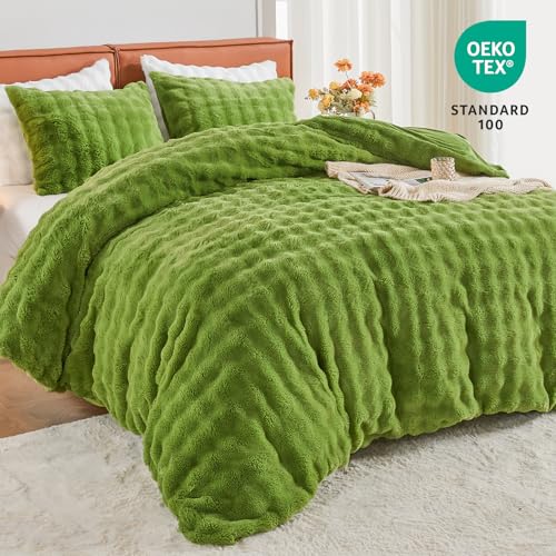 Image of EMME Faux Fur Duvet Cover Twin Size, 2 Pieces Ultra Soft Fluffy Comforter Cover, Cozy Warm for Winter, Luxury Elegant Shaggy Bubble Design Bedding, 1 Duvet Cover & 1 Pillow Shams (Twin, Green)
