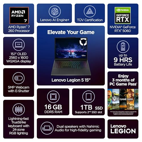 Image of Lenovo Legion 5 15.1 inch WQXGA OLED 165HZ Gaming Notebook, AMD Ryzen 7 260, RTX 5060, Wi-Fi7, Backlit KB, Win11 Pro & Office Lifetime License, Eclipse Black (16GB RAM 1TB SSD),w /2TB USB Drive, W /GaLiMu