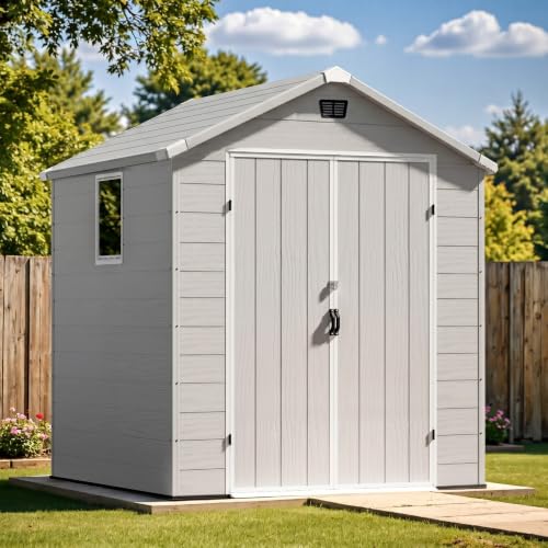 Image of Patiowell 6X6 FT Plastic Outdoor Storage Shed with Lockable Door and Floor, Resin Garden Tool Shed with Window, Waterproof Easy Assembly for Backyard, Lawn, Patio Furniture Storage (Light Grey)