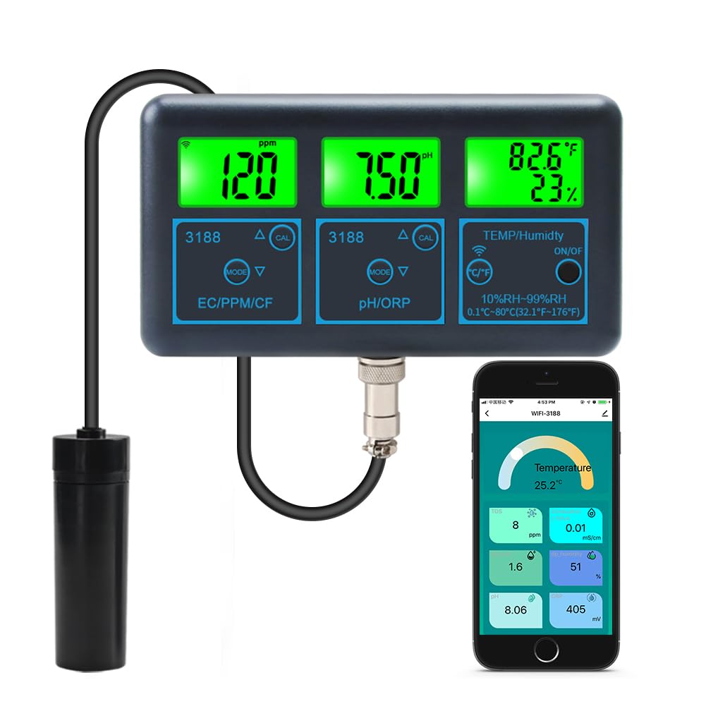 Testeur numérique de qualité de l'eau pour aquarium, spa, piscine – Moniteur intelligent WiFi pour pH, ORP, EC, PPM, humidité, température – Compteur de qualité de l'eau en ligne pour l'eau potable