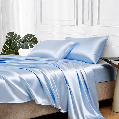 Image of MR&HM Satin Bed Sheets, Full Size Sheets Set, 4 Pcs Silky Bedding Set with 15 Inches Deep Pocket for Mattress (Full, Light Blue)