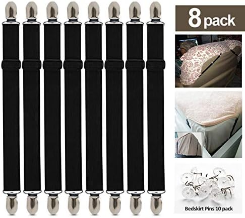Absofine Bed Sheet Fasteners Suspenders 8 pcs Adjustable Bed Sheet Corner Holder with 10 pcs Twist Pins Inside for Holding Your Bed Sheet, Black