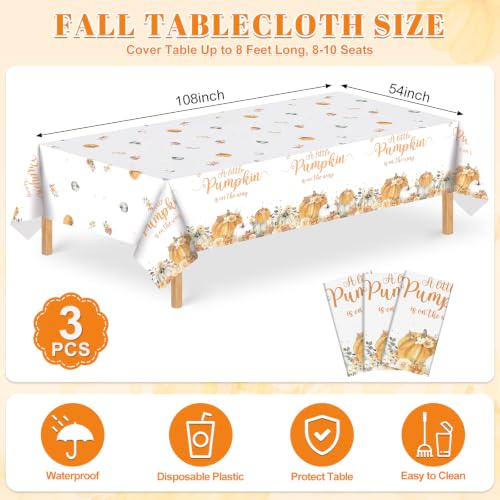 Image of 3 Pack Little Pumpkin Tablecloths, Fall Baby Shower Party Decoration | Gender Reveal Party Supplies A Little Pumpkin is On The Way Table Cover for Boy Girl Fall Thanksgiving 54 X 108In