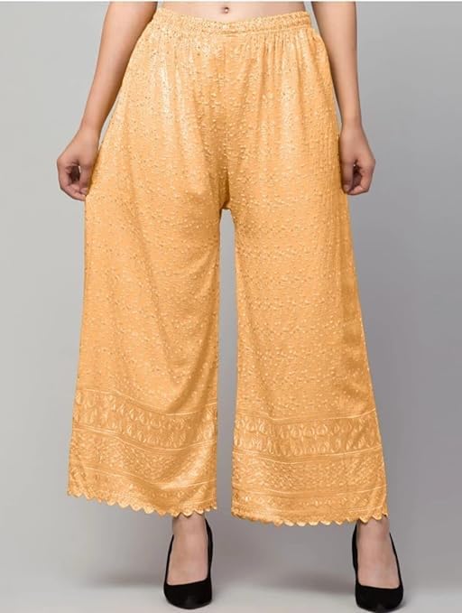 Image of Women's Palazzo Pants Rayon Trousers Chikankari Embroidered Lace Trim Wide Leg Straight Fit Flared Palazzo for Girls & Women