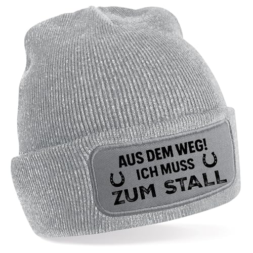 BOO Shirt Aus dem Weg! Ich muss zum Stall Mütze v2 – lustige Beanie für Reiter & Pferdebesitzer – warme Wintermütze mit Spruch – Geschenkidee (Grau)