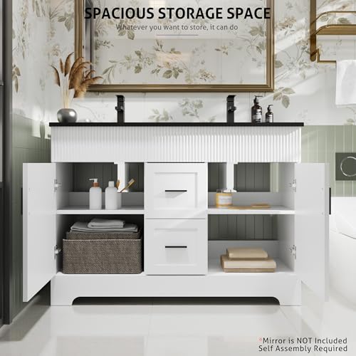 Image of eclife 48 inch Bathroom Vanities Sink Combo with Painted Surface, Modern Drawered Cabinet W /Decorative Wave Lines, Undermount Double Black Sink, Matte Black Faucet Drain, White