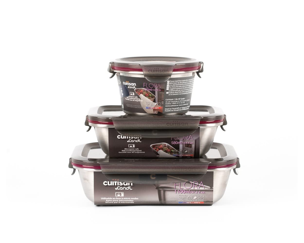 WK WARMCOOK Cuitisan - Confezione da 3 contenitori per alimenti in acciaio inox, adatti al microonde, 410, 580 e 1100 ml
