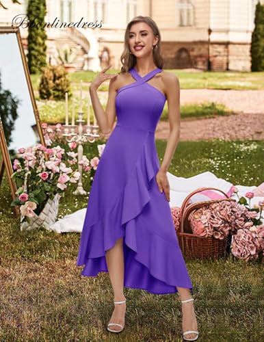 Image of Bbonlinedress Halter Cocktail Women Dresses Prom Formal Wedding Guest Bridesmaid Ruffled Maxi Hi-Lo Evening Party 2026 Dress