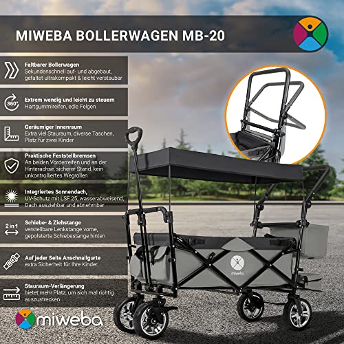 Miweba Faltbarer Bollerwagen MB-20 | Sonnendach UV-beständig - 2X Anschnallgurte - Bremse - Traglast 100 Kg - Transportwagen für Kinder - Handwagen klappbar - Trolley (Grün)