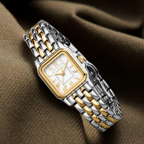 Image of CHEETAH Gold Watches for Women with Small Vintage Bracelet, Rectangular Case Roman Dial
