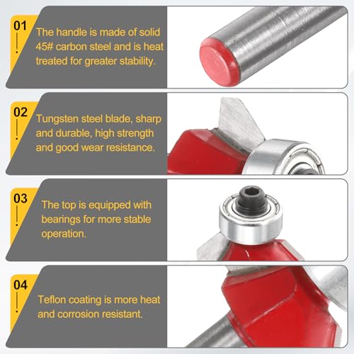 Image of HARFINGTON 2pcs 45 Degree Chamfer Router Bit 1 /4 Inch Shank 0.3 inch Cutting Length Carbide Tip with Bearing for Woodworking Milling Cutter Tool, Red