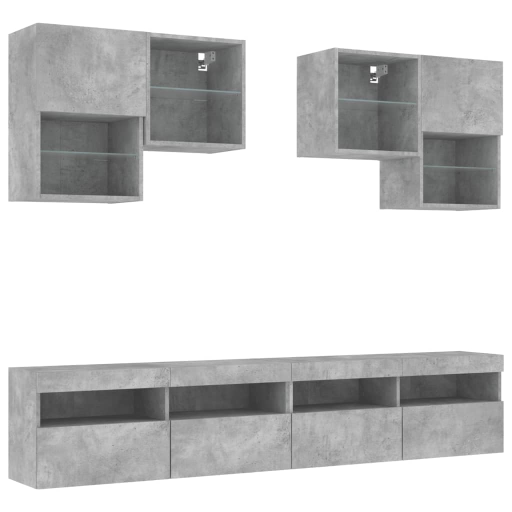 vidaXL6-Piece Concrete Grey TV Wall Unit/Cabinet Set with LED Lights - Contemporary Wall-Mount Media Storage for Living Room