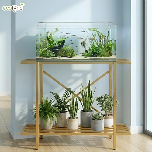 Image of ecofynd 2-Tier Fish Tank Stand, Double-Layer Aquarium Stand with Adjustable Table Feet, Heavy Metal Storage Rack Suitable for Home and Office, (Gold, FS-PS049)