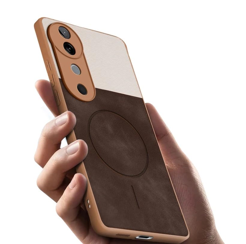 Image of Bintage CASE Mac Safe Design Hard Light Weight Back Case | Soft Border Camera Protect | Dual PU Leather Finish Back Cover Compatible for V40 PRO 5G /Vivo T3 Ultra - White & Cherry Brown