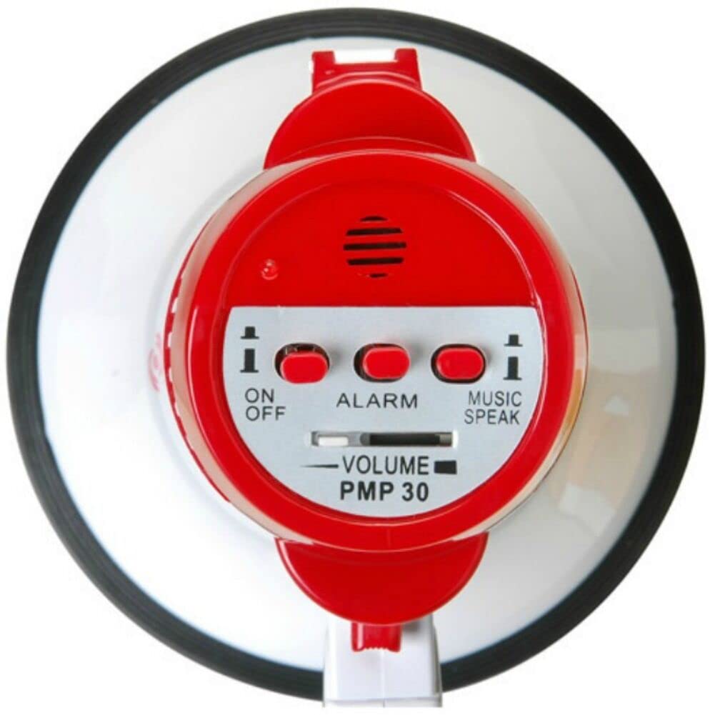 1 megáfono PMP30 Blanco y Rojo 30 Watts MAX hasta 750 Metros con Sirena incorporada para Uso Interior y Exterior, 1 Pieza