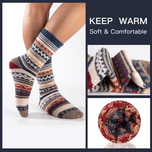 COOPLUS Wool Socks Mens Warm Winter Thermal Thick Pattern Crew Socks for Cold Weather (5 Pairs)3