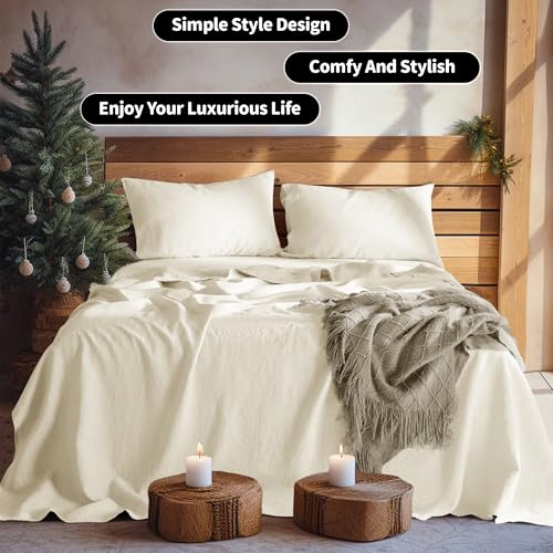 LBRO2M 100% Linen Sheet Set 16' Deep Pocket King Size,Bed Sheets 4 Piece Sets,Solid Color Natural Flax Bed Sheets Soft Breathable Bedding, All Season (King, Beige)